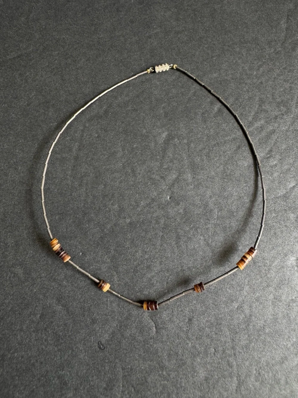 Vintage Tigers Eye Necklace 70s 80s Dainty Southwest Silver Bead Choker 14.5